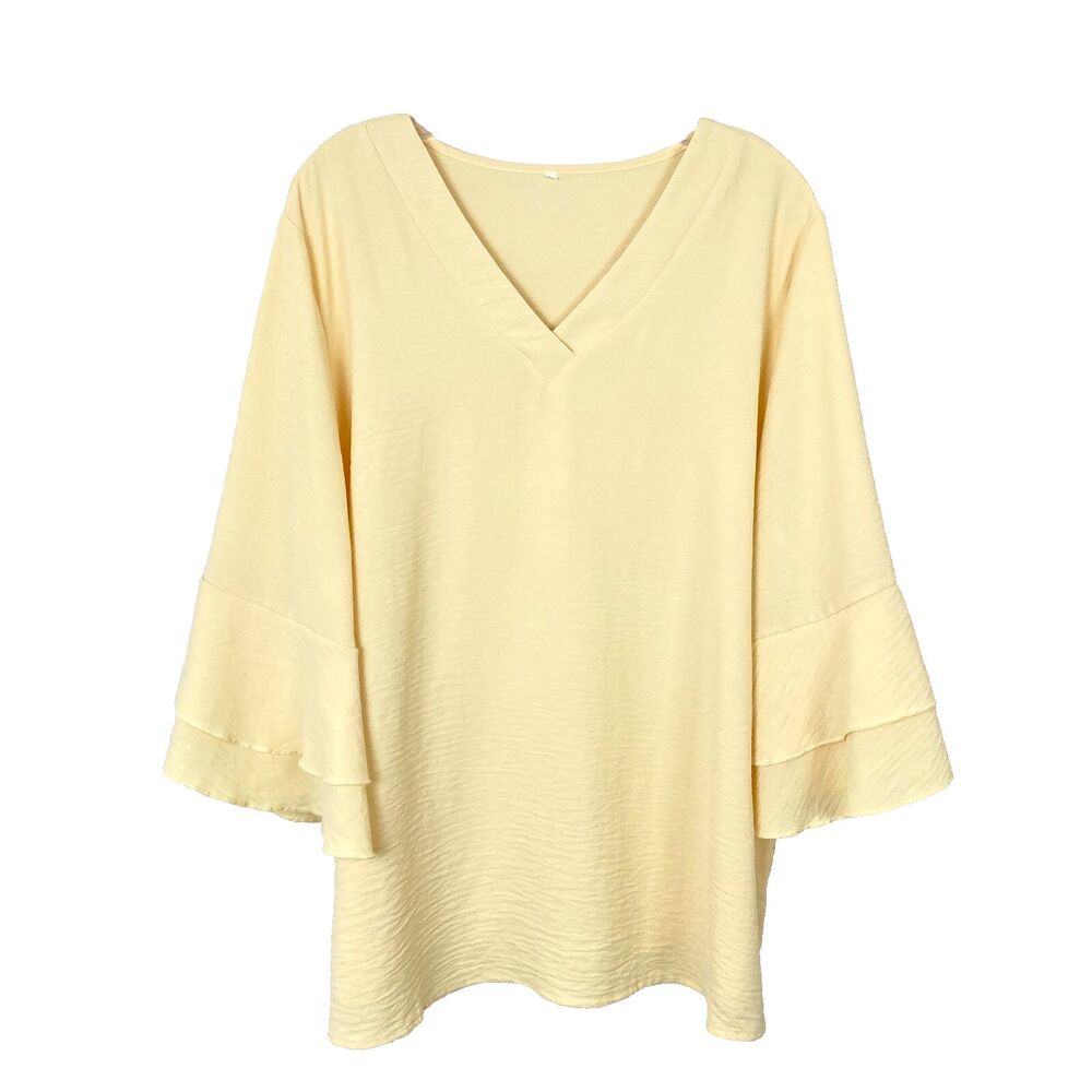 Women's Pullover V-Neck Blouse Size 2XL Yellow Ruffled Bell Sleeves Boho Office